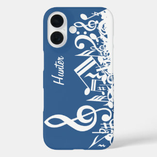 Coques iPhone 16 Notes musicales personnalisées sur le bleu