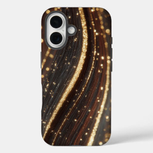 Coque Pour iPhone 16 Noyer foncé Grain en bois avec des rivières en or