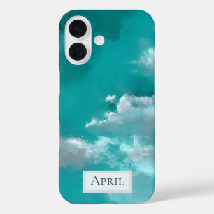 Coque Pour iPhone 16 Nuages Blancs sur Turquoise