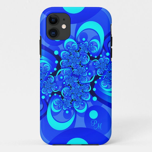 Coques Case-Mate iPhone Nuances bleues, initiales d'art fractal abstrait m (Dos)