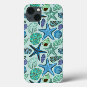 iPhone 13 Coque Nuances des coquillages et du motif bleus
