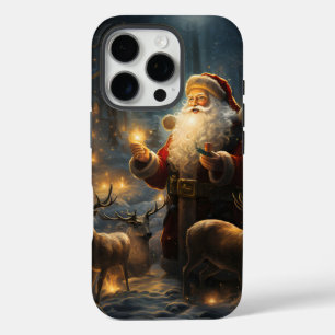 Coque iPhone 16 Pro Nuit de Noël de Santa dans une forêt enneigée
