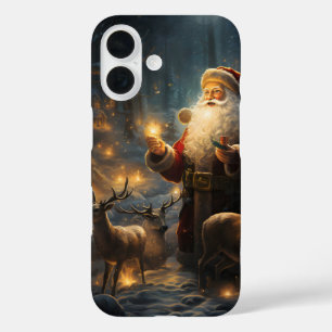 Coque Pour iPhone 16 Nuit de Noël de Santa sous la forêt enneigée