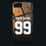 Coques Pour iPhone Numéro de maillot de basket-ball sport personnalis<br><div class="desc">Coque iphone de maillot de basket-ball sport personnalisé. Couverture iPhone personnalisée avec design de basketball orange antique. Couleur arrière - plan personnalisable derrière la photo vintage. Personnalisable avec le nom de l'équipe du lycée, monogramme, citation drôle, slogan, etc. Idée cadeau d'anniversaire mignonne pour les garçons et les filles sportifs. Faites-en...</div>