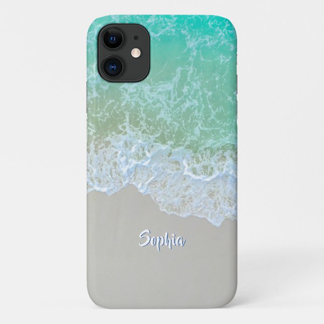 Coques Case-Mate iPhone Ocean Waves, Sable De Plage, Nom Du Script Blanc (Dos)