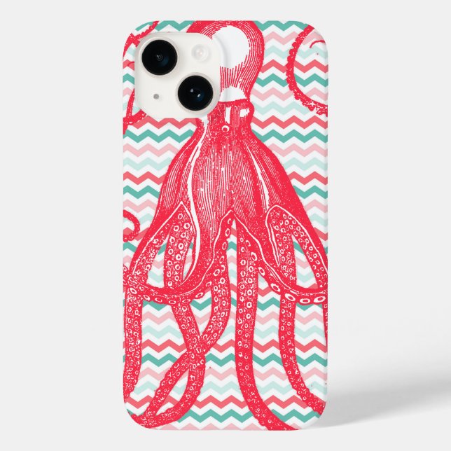Coques Case-Mate iPhone Octopus antique sur Coral et Aqua Chevrons (Verso)