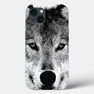 Etui iPhone 13 Oeil de loup sauvage noir et blanc