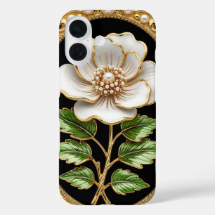 Coque Pour iPhone 16 Œuvre d'art à la fleur blanche avec de l'or luxueu