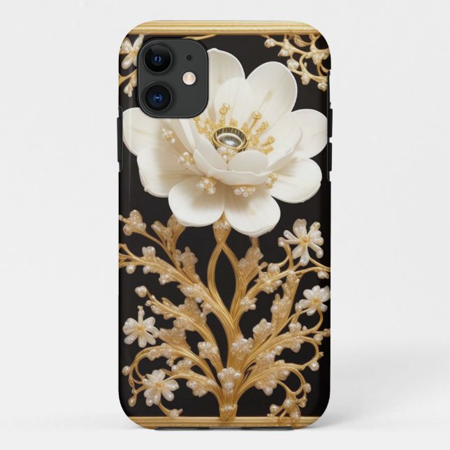Coques Case-Mate iPhone Œuvre d'art à la fleur blanche avec de l'or luxueu (Dos)