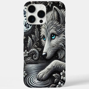 Coque iPhone 16 Pro Max Œuvre d'art loup au clair de lune réfléchissant