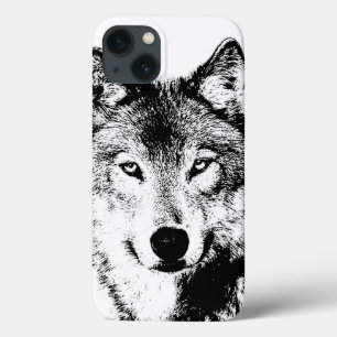 Etui iPhone 13 Oeuvre d'encre blanche noire Wolf