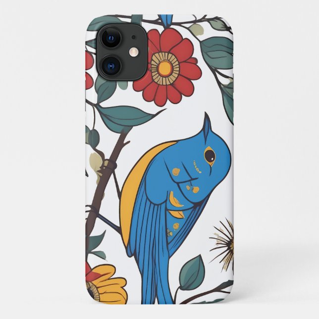 Coques Case-Mate iPhone Oiseau bleu et art folklorique Fleur sauvage (Dos)