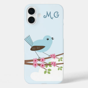 Coque Pour iPhone 16 Plus Oiseau bleu mou dans l'arbre de fleurs Monogramme