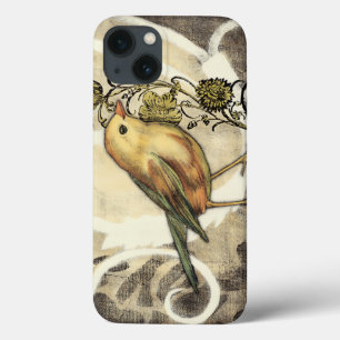 Etui iPhone 13 Oiseau jaune et vert sur l'arrière - plan vintage