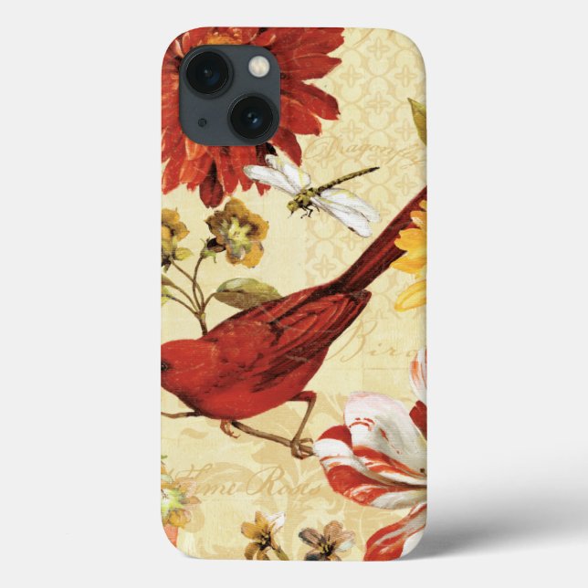 Coques Case-Mate iPhone Oiseau rouge dans un jardin fleuri (Verso)