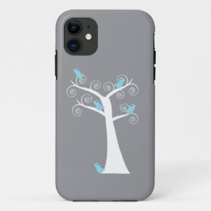 Coques Pour iPhone Oiseaux bleus fantaisistes arbre gris tourbillonna