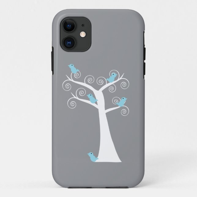 Coques Case-Mate iPhone Oiseaux bleus fantaisistes arbre gris tourbillonna (Dos)