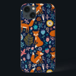 Coque Case-Mate iPhone Oiseaux colorés mignons Fleurs Renards Motif<br><div class="desc">Fleurs colorées mignonnes oiseaux et renards rouges dessin de style illustration sur bleu foncé couleur arrière - plan vous pouvez changer</div>