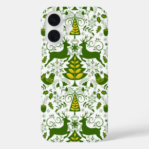 Coque Pour iPhone 16 Oiseaux de cerfs en fleurs de Noël or