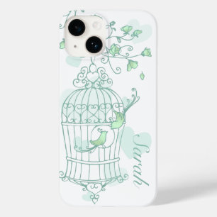 Coque Pour iPhone 14 Oiseaux et menthe à cage nom vert aqua