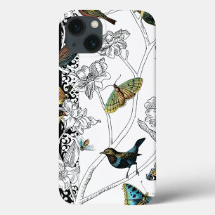iPhone 13 Case Oiseaux et papillons sur un Arrière - plan noir e