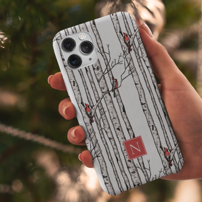Coques Case-Mate iPhone Oiseaux monogrammes et oiseaux cardinaux rouges (Modern Hand-Drawn Birch Trees with Red Cardinal Birds Perched on Branches. Personalize with Monogram)
