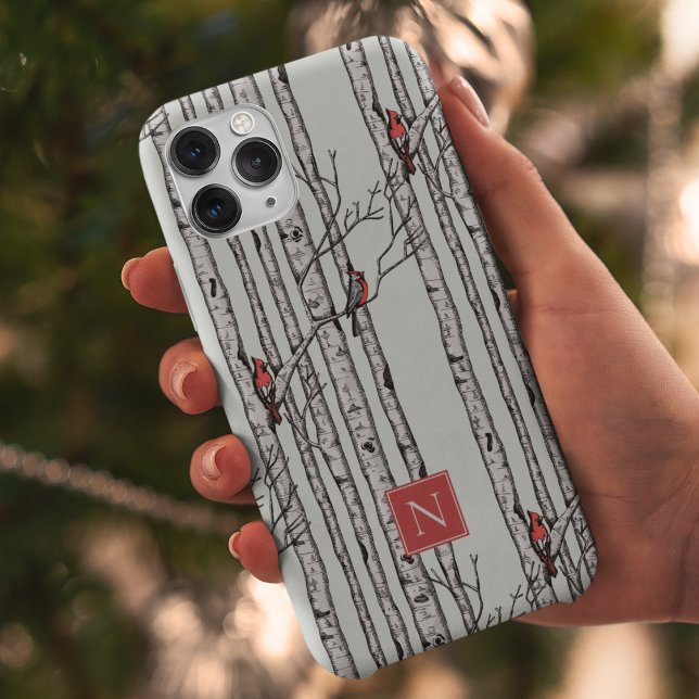 Coques Case-Mate iPhone Oiseaux monogrammes et oiseaux cardinaux rouges (Modern Hand-Drawn Birch Trees with Red Cardinal Birds Perched on Branches. Personalize with Monogram)