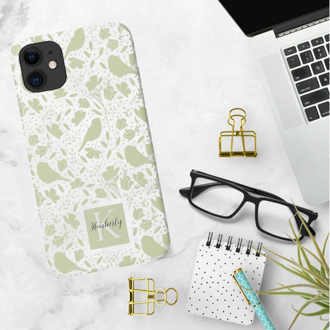 Coques Case-Mate iPhone Oiseaux sereins et floraux monogrammés (Créateur téléchargé)