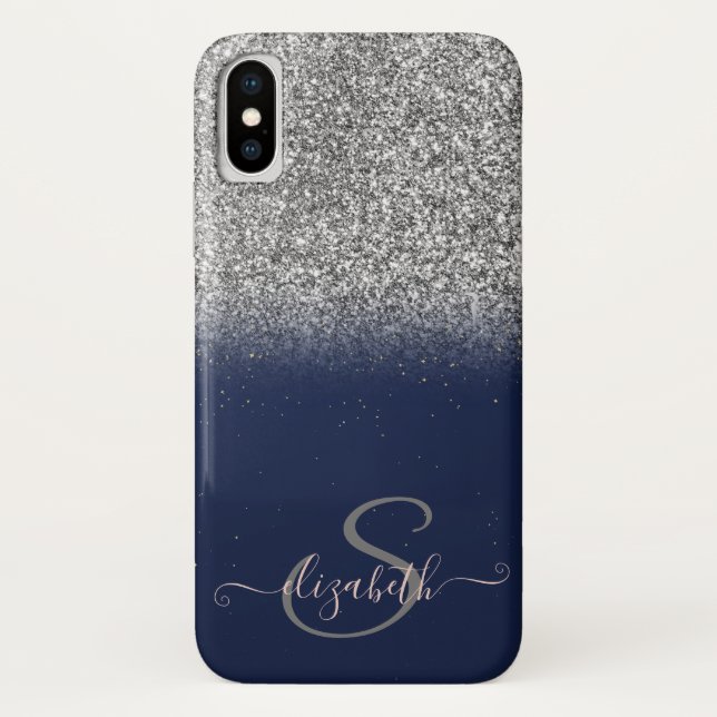Coques Case-Mate iPhone Ombre Pailleté Argent Élégant, Monogramme Bleu Mar (Dos)