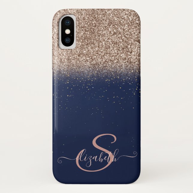 Coques Case-Mate iPhone Ombre Pailleté Or Rose Élégant, Monogramme Bleu Nu (Dos)