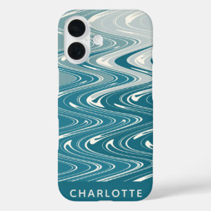 Coque Pour iPhone 16 Ombre Turquoise Bleu Abstrait Vagues Personnalisée