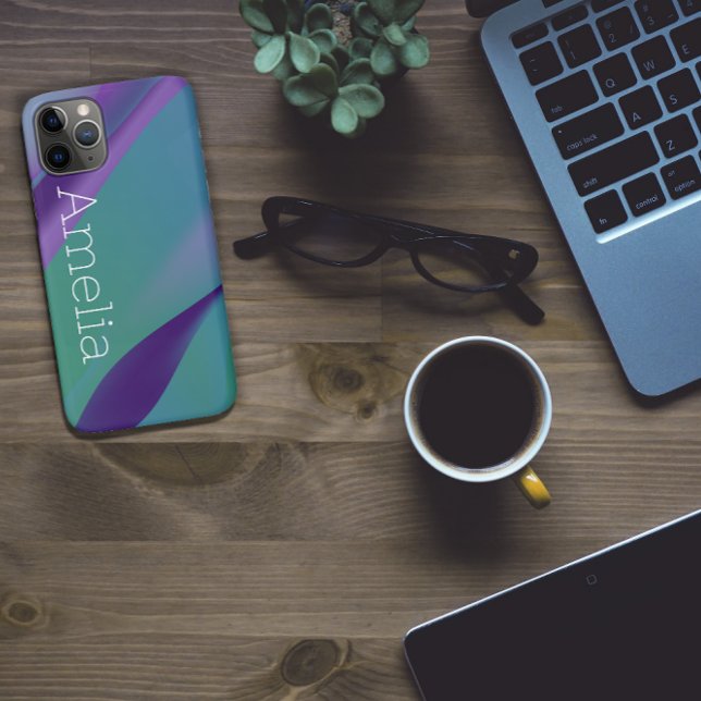 Coques Case-Mate iPhone Onde géométrique violet turquoise violet avec nom (Créateur téléchargé)
