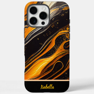 Coque iPhone 16 Pro Max Ondes d'or et d'orange sur toile sombre