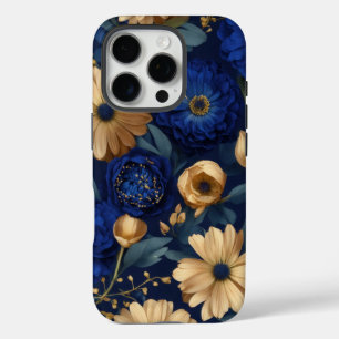 Coque iPhone 16 Pro Opulence florale dorée et bleue