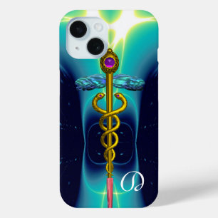 Coque Case-Mate iPhone OR CADUCEUS MONOGRAM MÉDICALE, Turquoise bleu Aqua
