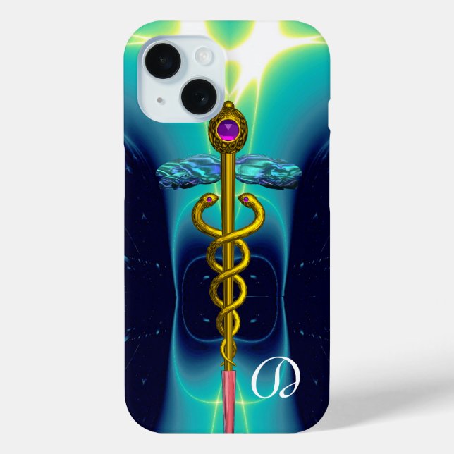 Coques Case-Mate iPhone OR CADUCEUS MONOGRAM MÉDICALE, Turquoise bleu Aqua (Verso)