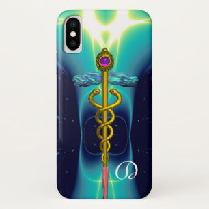 Coque Case-Mate iPhone OR CADUCEUS MONOGRAM MÉDICALE, Turquoise bleu Aqua