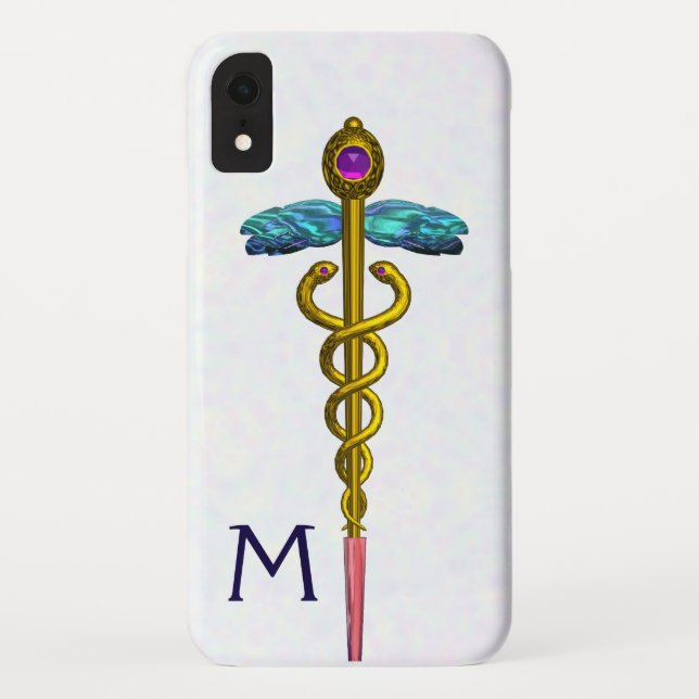 Coques Case-Mate iPhone OR CADUCUS MÉDICALE SYMBOLE Blanc Monogramme (Dos)
