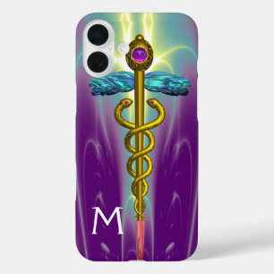 Coque Pour iPhone 16 Plus OR CADUCUS MÉDICALE SYMBOLE vert pourpre Monogramm