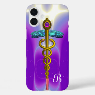 Coque Pour iPhone 16 Plus OR CADUCUS MÉDICALE SYMBOLE Violet Monogramme
