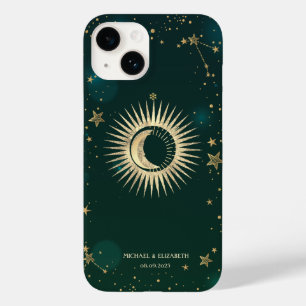 Coque Case-Mate iPhone Or céleste Soleil Et Lune Étoiles Vert
