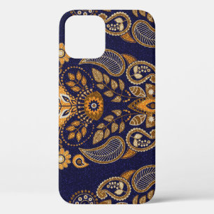 Case-Mate iPhone Case Or et bleu, motif sans couture fleurie.