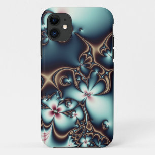 Coque iPhone 11 Or et fleurs bleues de fractale