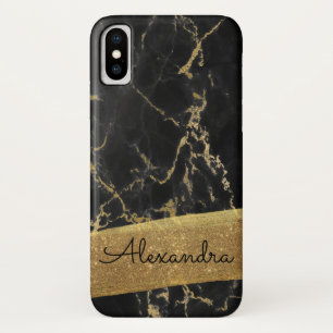 Coque iPhone X Or et marbre noir avec la feuille d'or et les