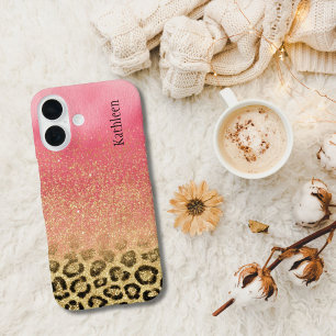 Coque Pour iPhone 16 Or Monogrammé Imprimé Léopard Pailleté Rose