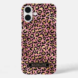 Coque Pour iPhone 16 Plus Or rose feuille de leopard imprimé monogrammé