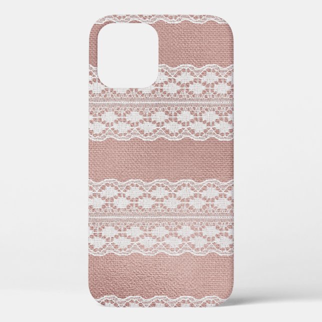 Coques Case-Mate iPhone Or rose métallique, texture dentelle blanc cassé. (Verso)