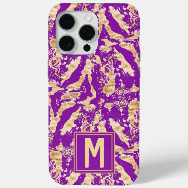 Coques Case-Mate iPhone Or sur marbre Chic violet Monogramme personnalisé (Verso)