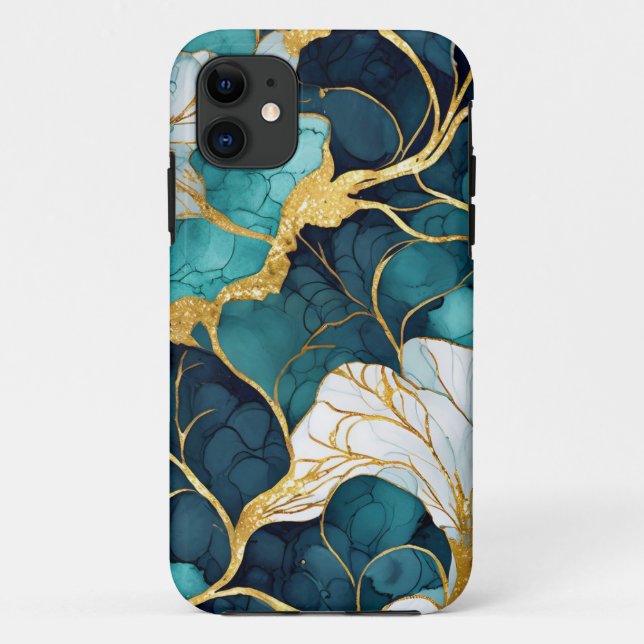Coques Case-Mate iPhone Or Turquoise floral japonais (Dos)