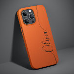 Coque Case-Mate iPhone Orange Black Elegant Calligraphie Nom du script<br><div class="desc">Orange Shimmer White Elegant Calligraphy Script Personnalisé Nom iPhone 14 Smart Phone Boîtes dispose d'un design moderne et tendance simple et élégant avec votre nom personnalisé dans élégante calligraphie manuscrite typographie sur un arrière - plan shimmer orange métallique. Conçu par ©Evco Studio www.zazzle.com/store/evcostudio</div>